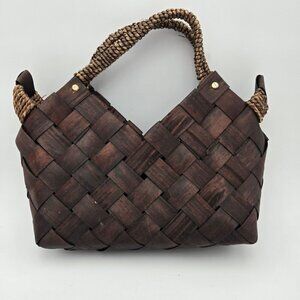 Dark Brown‎ Wood Basket Weave Handbag Womens Medium Handles Coastal Cottagecore